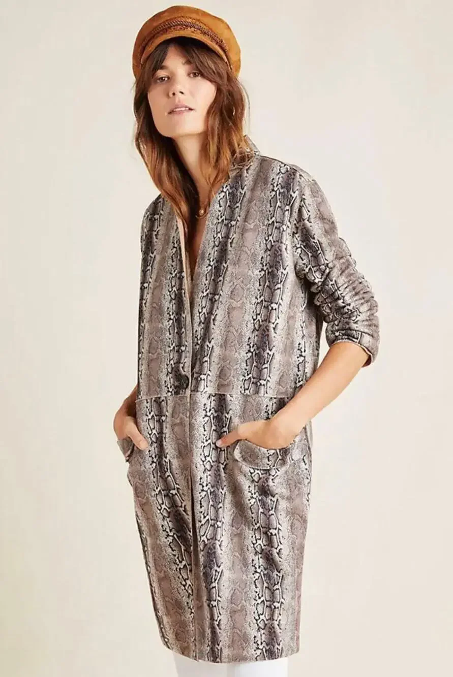 Blank NYC Python Print Faux Suede Longline Duster Coat Neutral Taupe Womens Sm